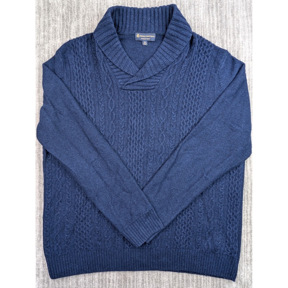 Brooks Brothers Men's XL Wool Sweater Navy Shawl Collar Italian Yarn Cable Knit